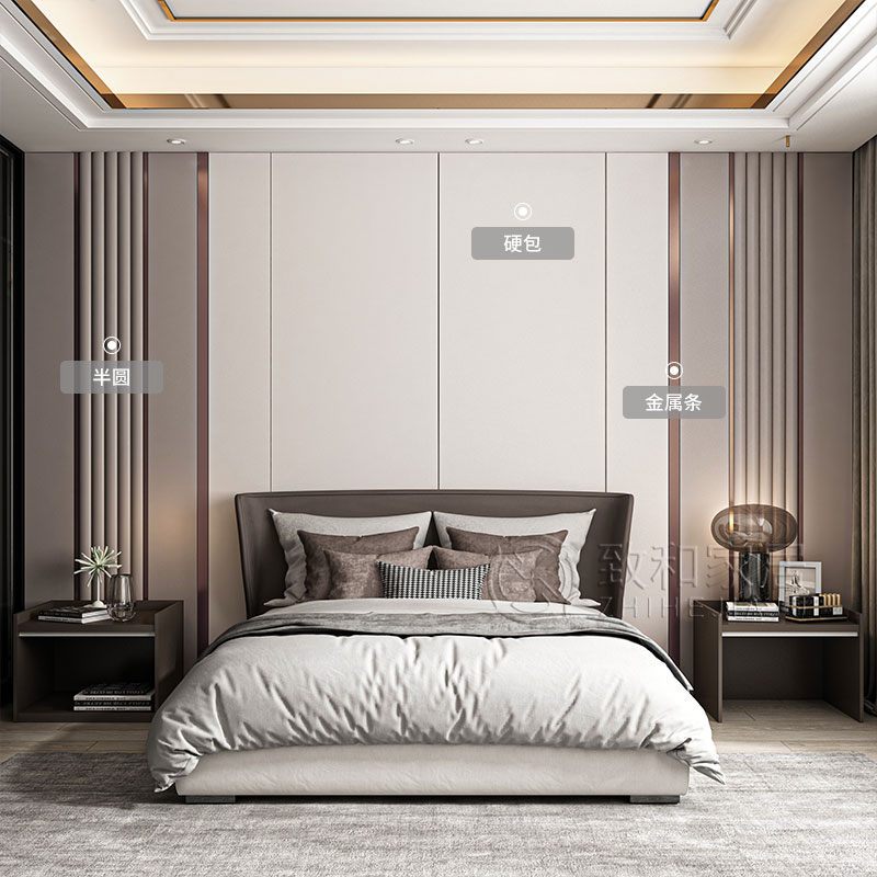 现代硬包轻奢卧室背景墙床头半圆C柱客厅沙发电视软包影视墙金属