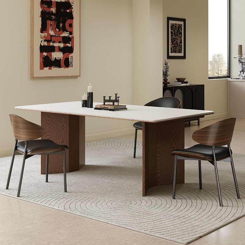 法式奶油风d岩板餐桌家用客厅实木方桌小户型中古风意式家用饭桌