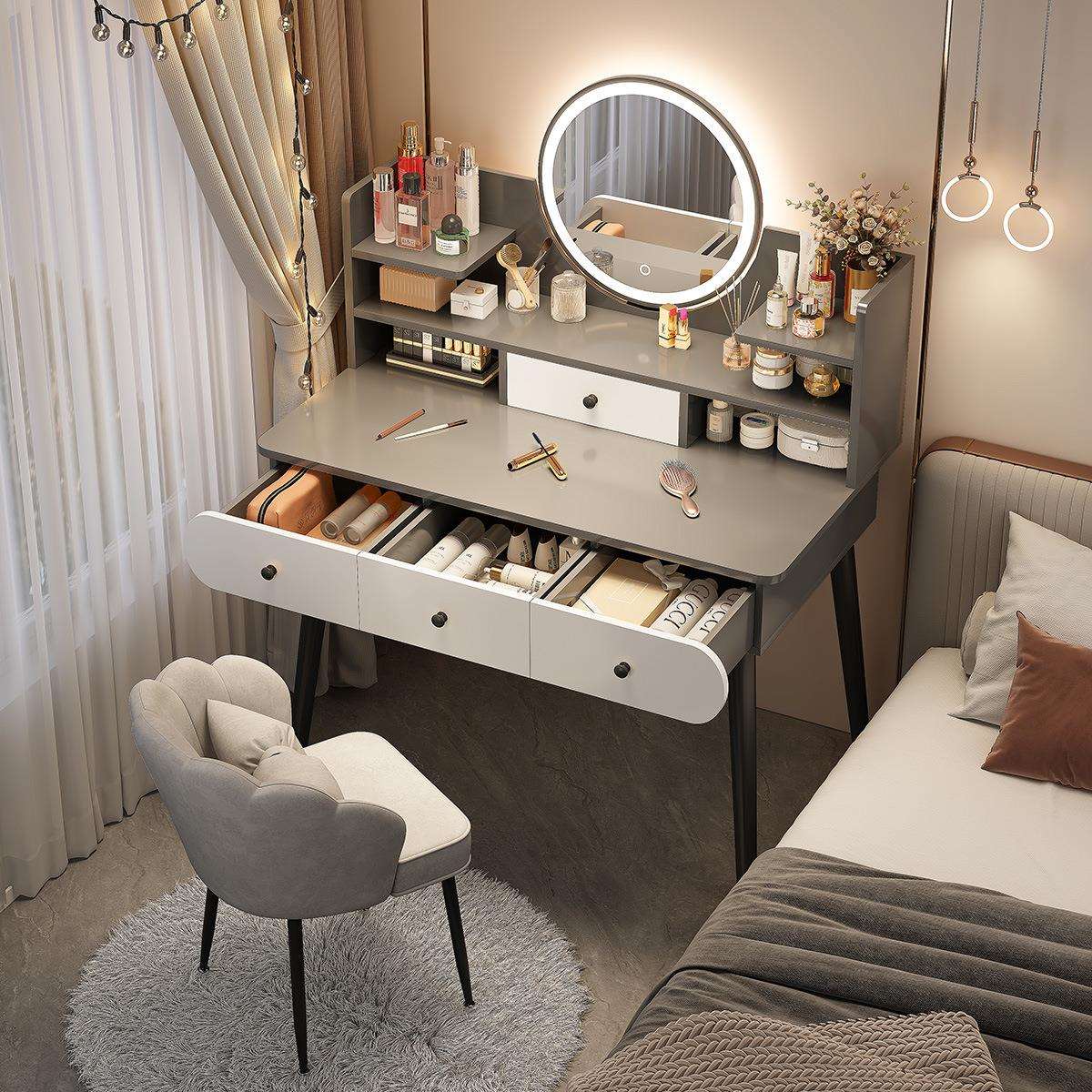 梳妆台卧室简约现代2024新款轻奢小户型化妆桌主卧床头收纳柜一体