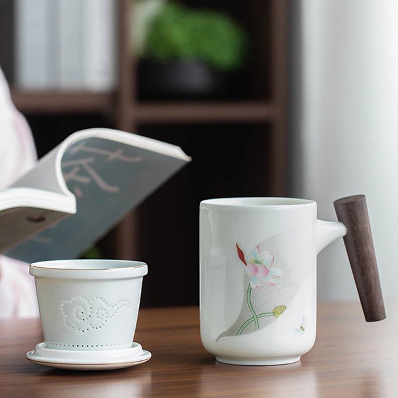 茶杯自带过滤茶水分离陶瓷杯办公家用实木手柄 泡茶杯马克杯商务