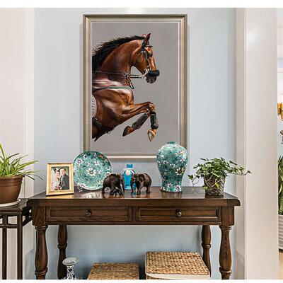 欧式手绘油画马现代简约玄关装饰画竖版客厅书房壁画美式轻奢挂画