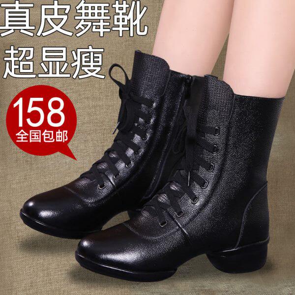 赛彩秋冬季真皮软底广场舞蹈鞋女式靴子中跟跳舞鞋水兵舞靴子室外