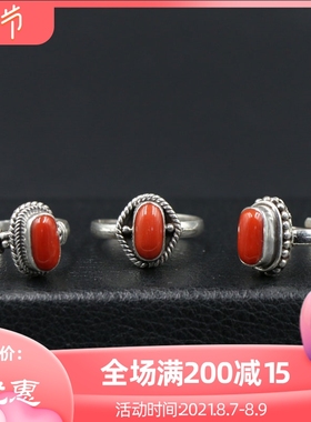 尼泊尔手工银饰品925银s镶嵌宝石戒指女 开口藏式复古个性民族指