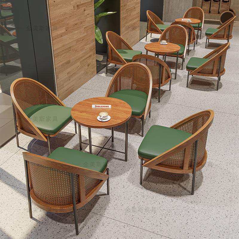 编藤实木椅 高端奶茶店饭店靠墙餐吧西餐厅桌椅咖啡厅桌椅组合