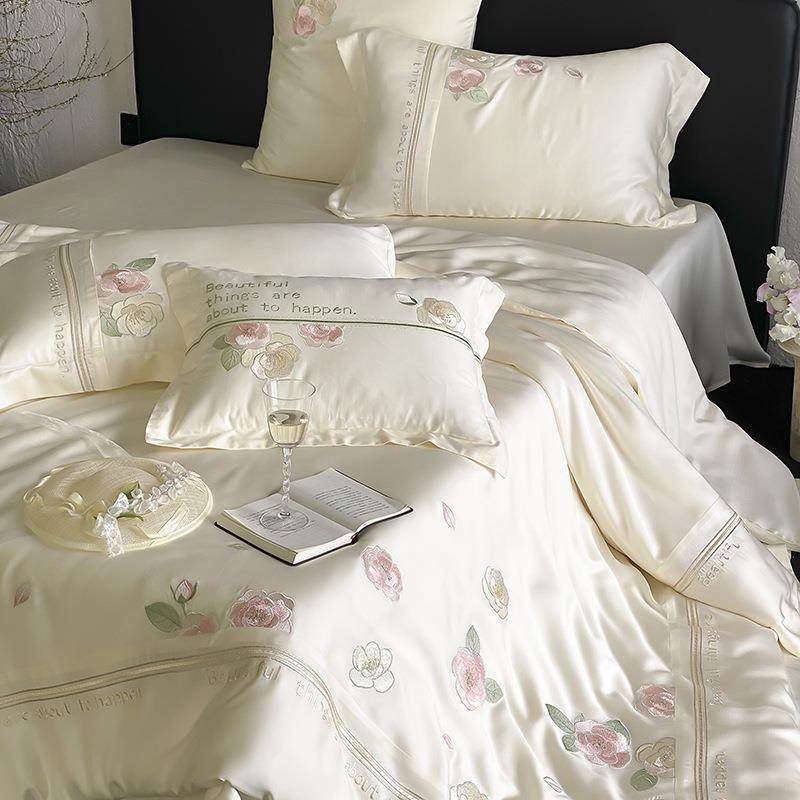 高端轻奢100S天丝莱赛尔四件套兰精天丝花卉绣花凉感夏季被套床品
