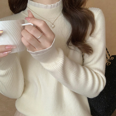 一体加绒加厚半高领毛衣针织衫女秋冬中领蕾丝内搭打底衫外穿上衣