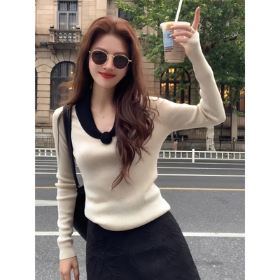 法式高级翻领针织打底衫