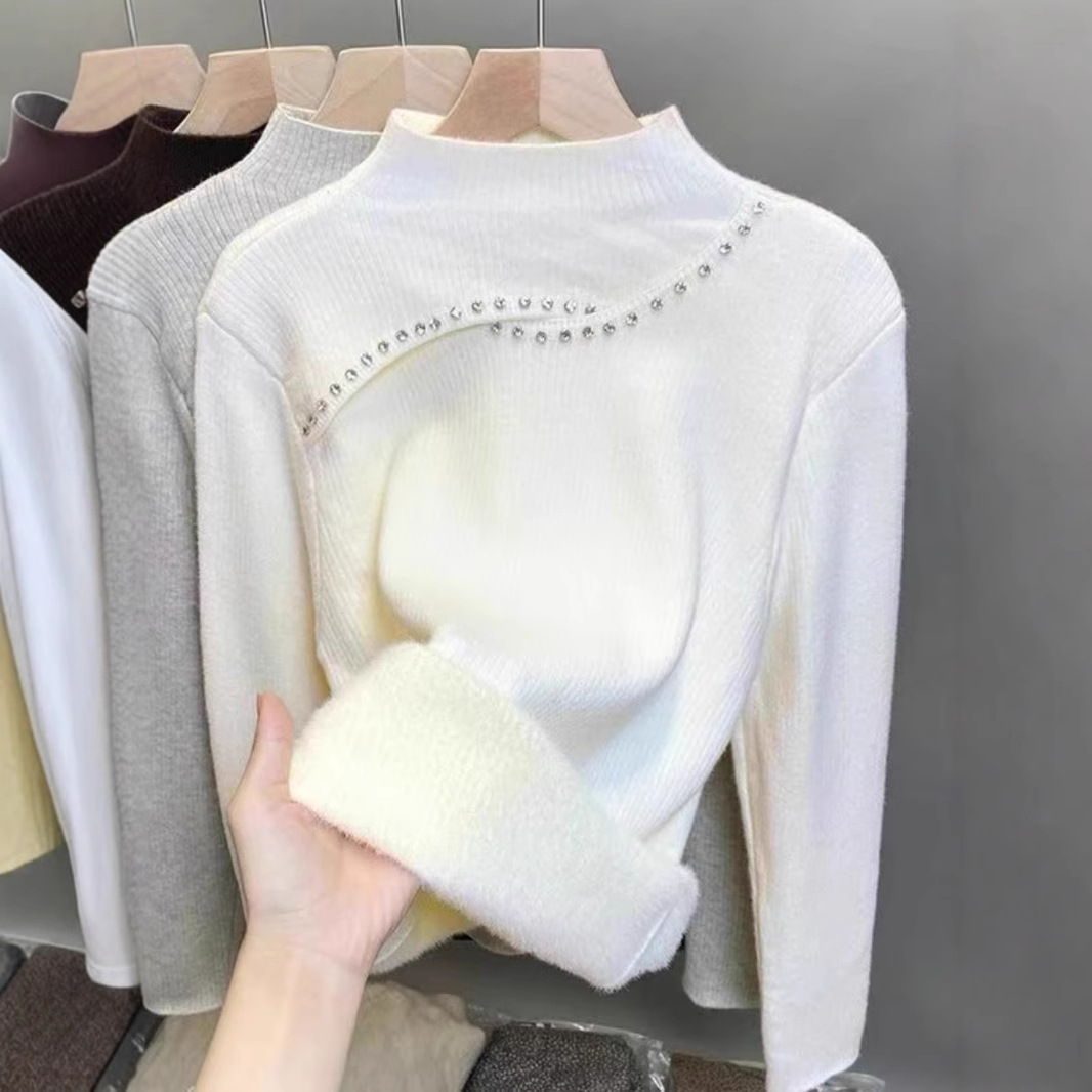 一体绒半高领毛衣女秋冬