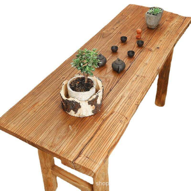 实木板复古茶桌茶台长条餐桌家用原木桌面吧台长桌书桌老榆木桌子