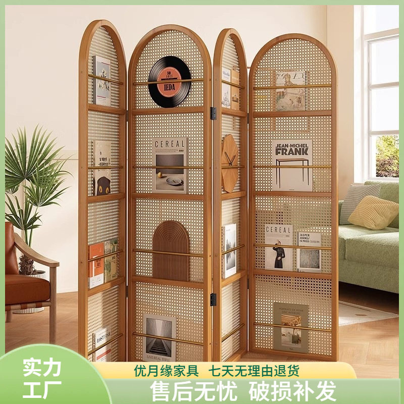 日式藤编屏风隔断客厅实木折叠可移动小户型遮挡入户杂志书架镂空