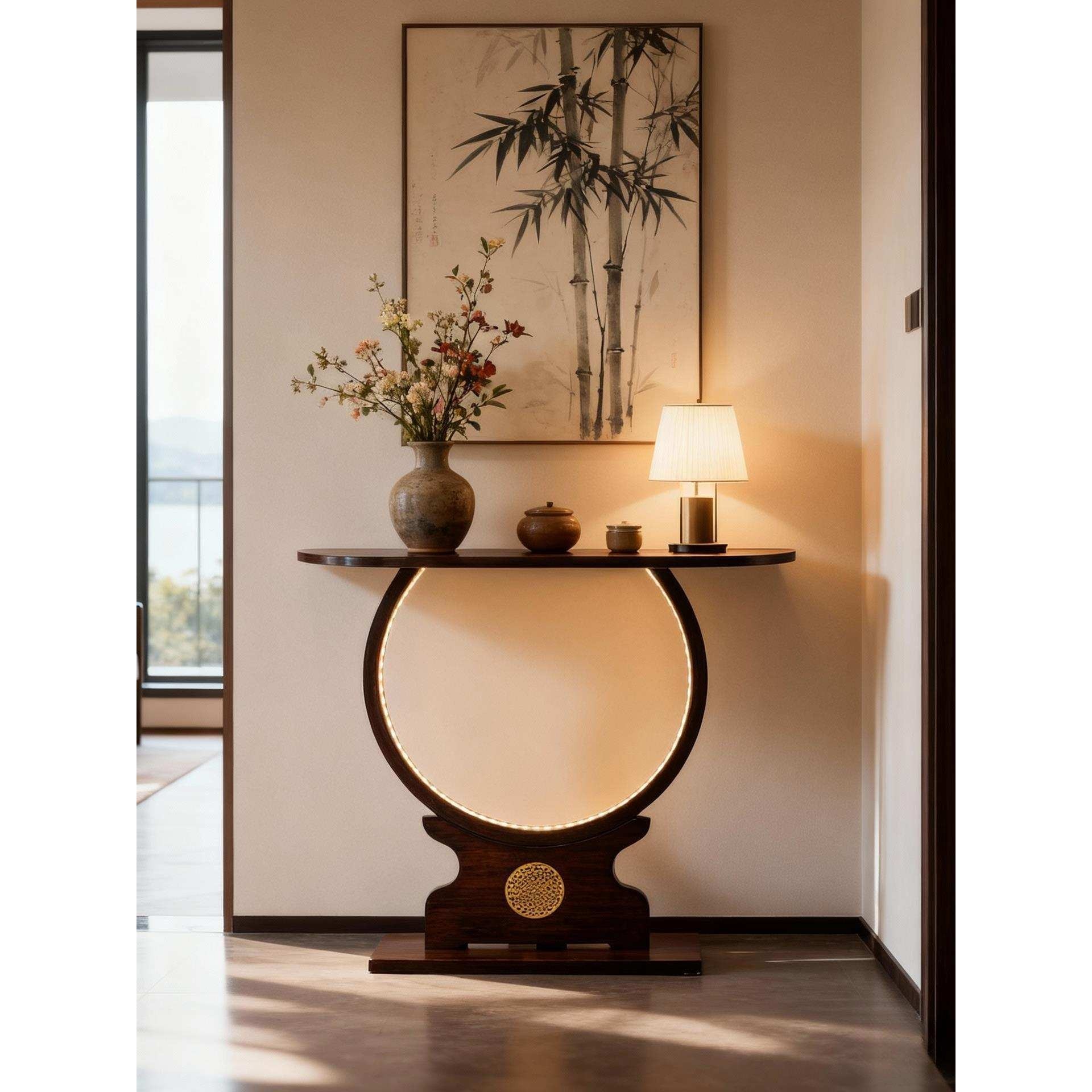 新中式玄关桌带感应灯门厅端景台靠墙窄条案装饰桌子展示台置物架