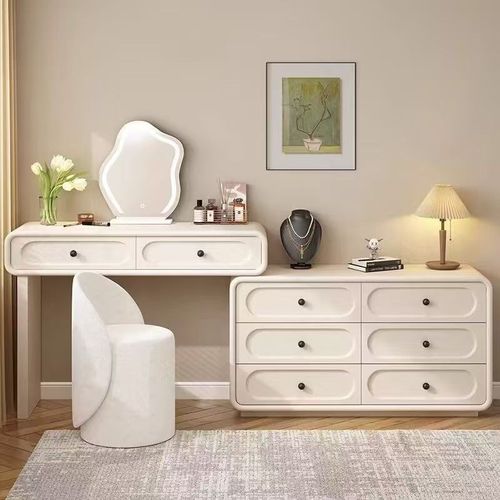 实木烤漆化妆台奶油风卧室现代简约斗E柜一体2025新款化妆台化妆