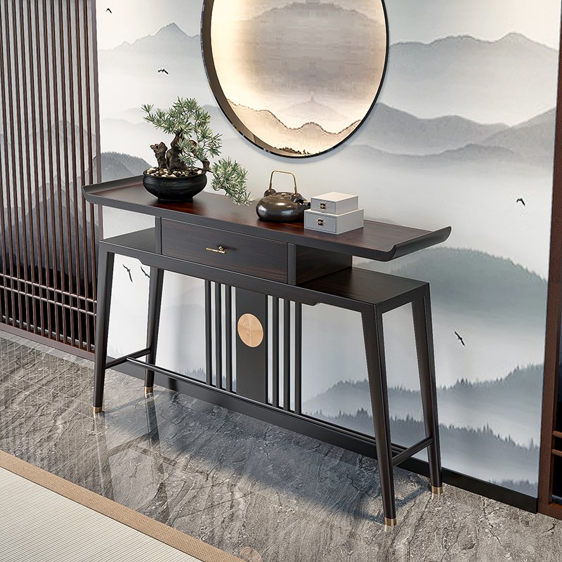 新中式玄关桌实木简约入户条案轻奢榆木玄关柜Q靠墙窄条几款玄关