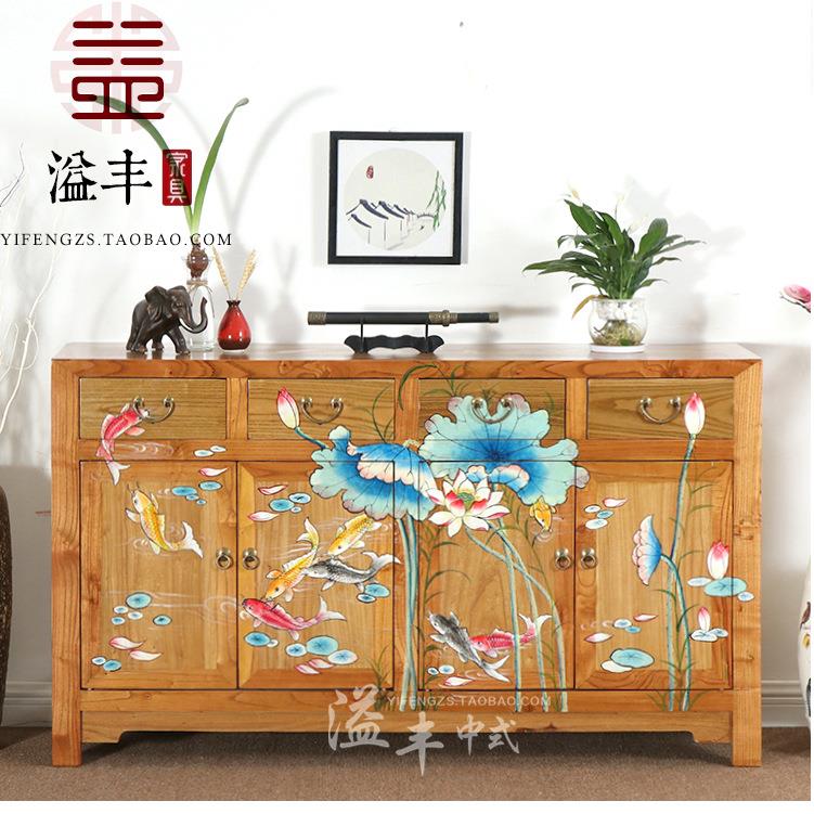 现代中式彩绘家具小户型榆木餐边茶水柜实木玄关客厅储物柜收纳柜