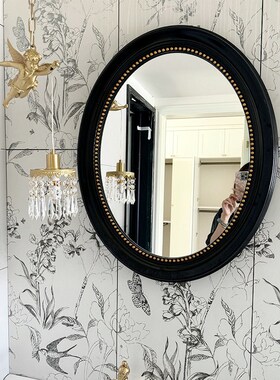 复古法式椭圆形j黑色中古风浴室镜子壁挂镜装饰镜框卫生间浴镜智