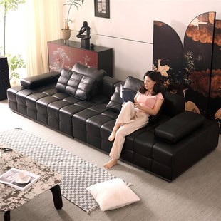 全真皮劳伦斯沙发半青皮高端w直排客厅大平层黑色意式极简头层牛