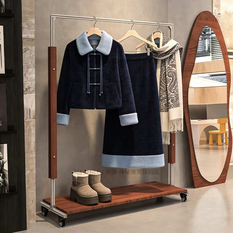 高端服装店展示架落地式挂衣架中古风胡桃色陈列架直播间带轮货架图片