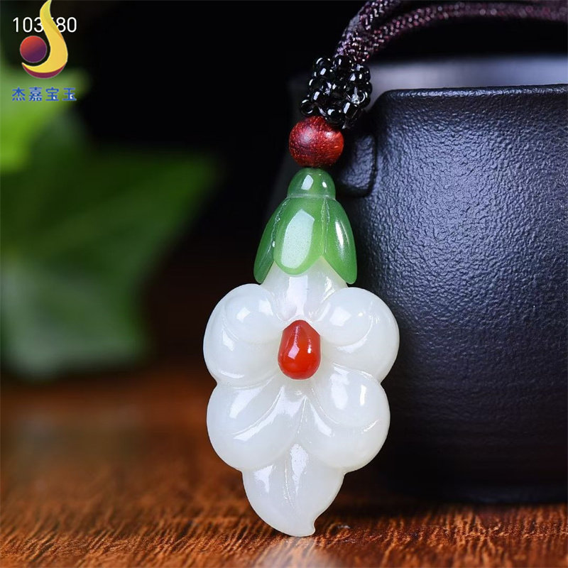 【坚定的守候】天然新疆和田玉白玉三色花牵牛花吊坠男女款玉坠