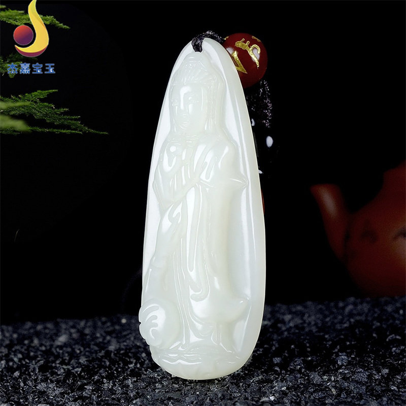 【滴水进财】手工制作和田玉玉石观音吊坠玉坠滴水观音挂件男证书