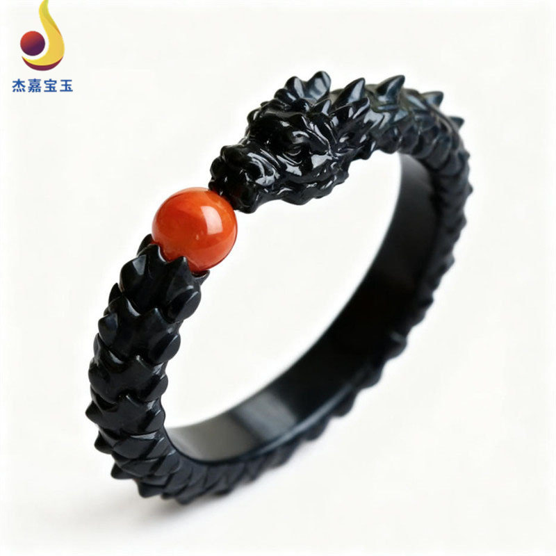 【龙的传人】新疆天然正品和田玉龙骨龙腾墨色盘龙手链玉石手串