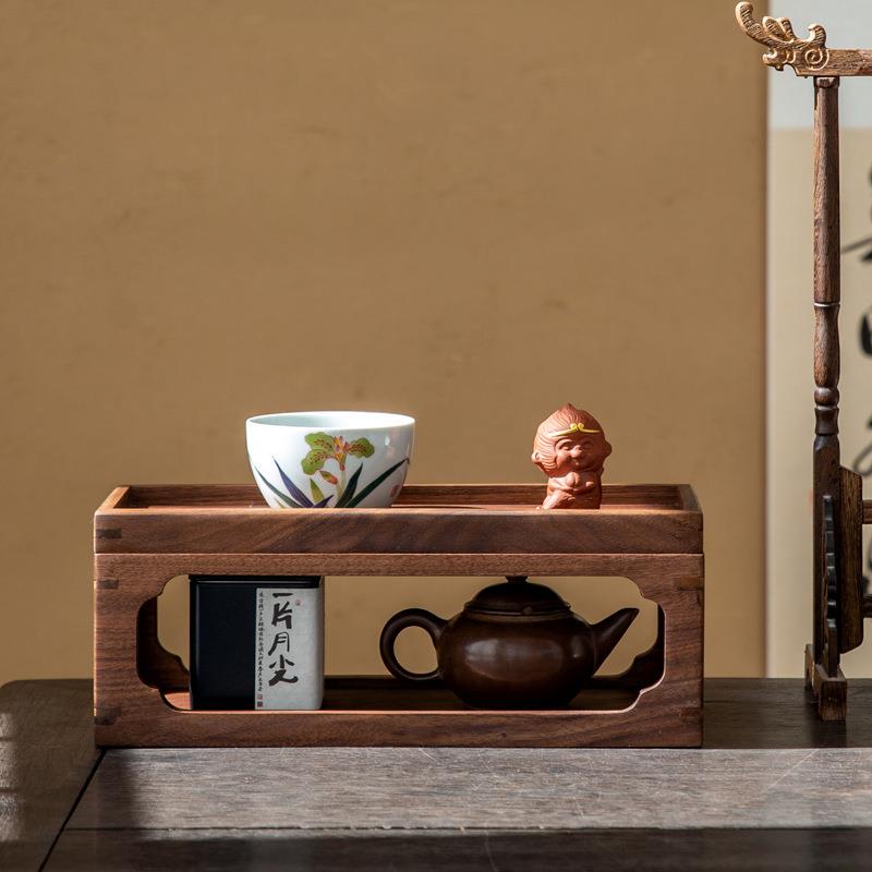 桌面文房四宝置物架收纳架北美黑胡桃带抽屉普洱茶饼博古架茶盘