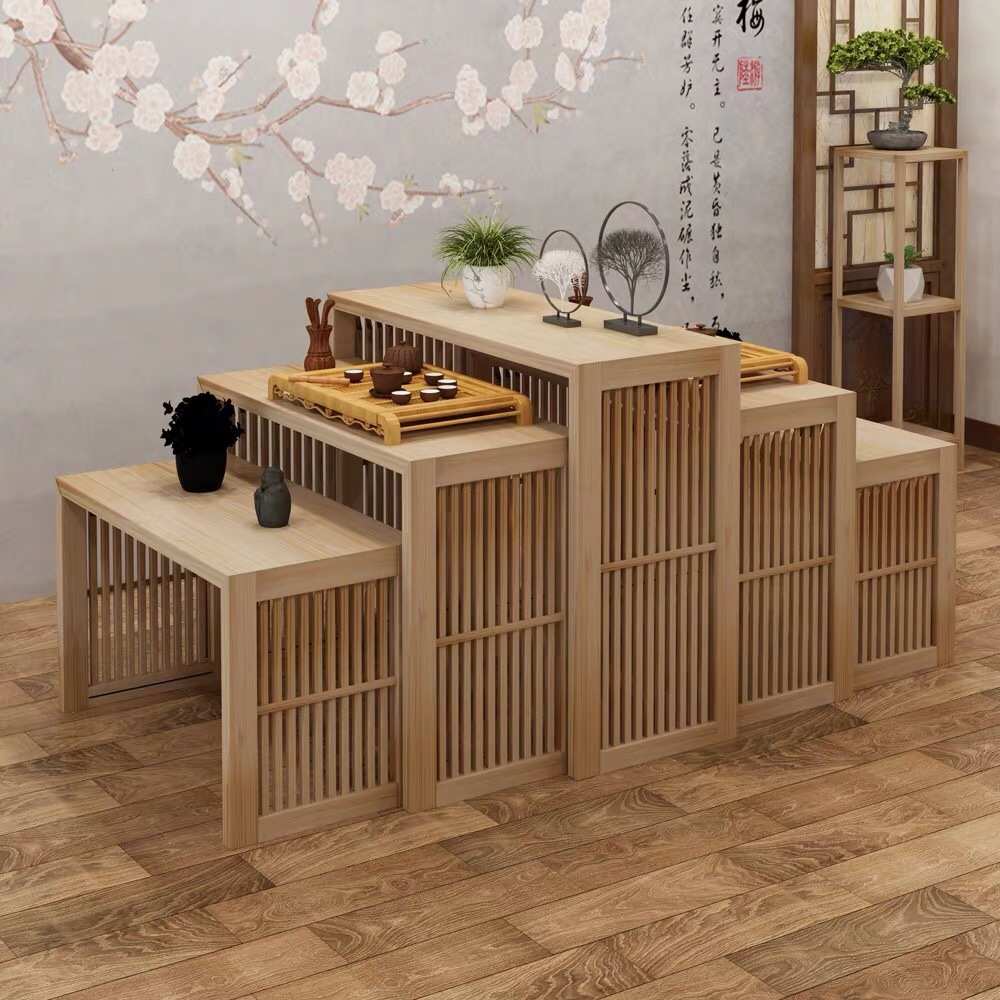 茶叶店原实木简约阶梯式高低货架组合茶具中岛柜流水展示台展示架