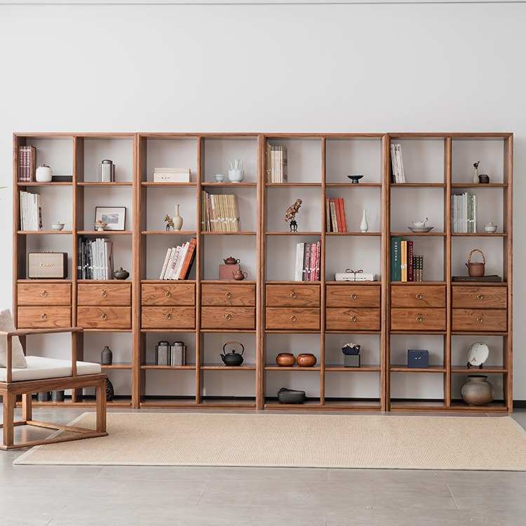 实木书架落地新中式老榆木书柜整墙柜子置物架博古架学校定制做