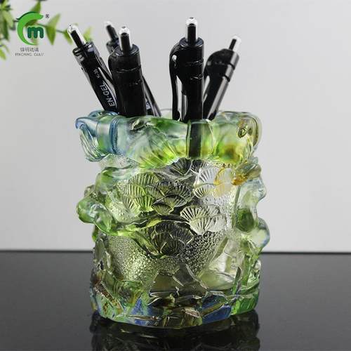 锋明琉璃摆件玻璃公司商务纪念礼品办公室桌面合作用品笔筒