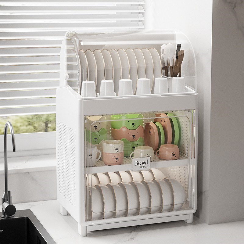 三层厨房碗架碗筷收纳盒家用w带盖放餐具装碟盘沥水置物架塑料碗