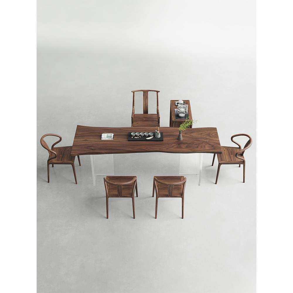 北美黑胡桃木茶桌椅组合现代简约实木茶台原木大板桌自然边泡茶桌