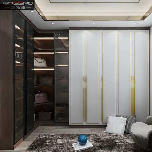 现代衣帽间卧室轻奢玻璃衣柜梳妆台收纳柜一体走入式衣帽间