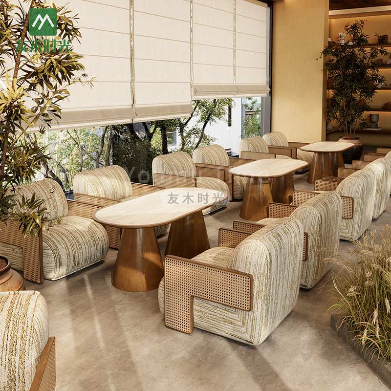 侘寂风茶馆桌椅餐饮茶餐厅桌椅复古咖啡厅沙发民宿休闲茶几组合