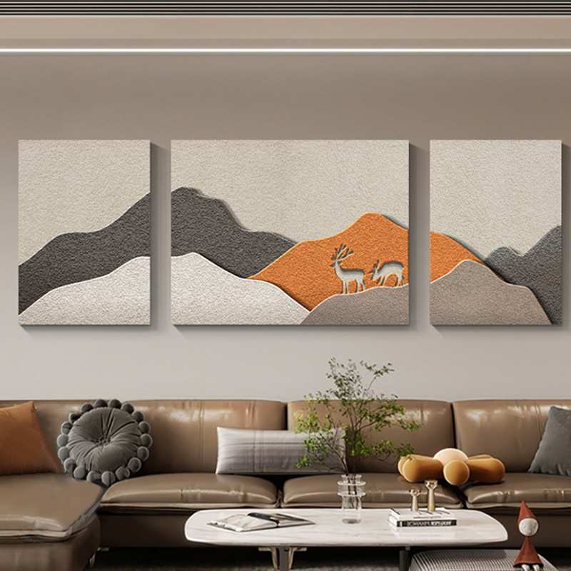 现代简约客厅装饰画抽象麋鹿砂岩沙发背景墙壁画大气三联组合挂画