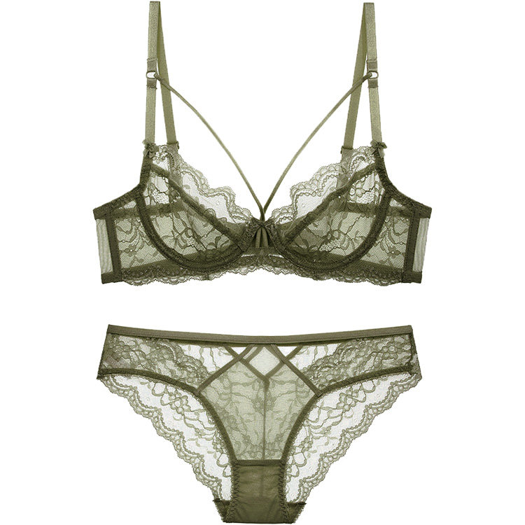 法式性感透明超薄蕾丝杯套装大胸减小轻薄聚拢绑带文胸橄榄军绿色