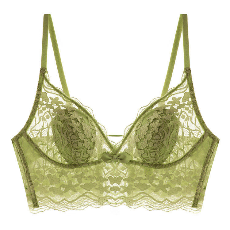 法式性感纯色无钢圈蕾丝绑带美背文胸中腰三角内裤套装藤蔓绿色