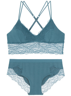 法式无钢圈Bralette文胸套装罗纹棉薄海绵插垫不凸点矿兰蓝色黑色