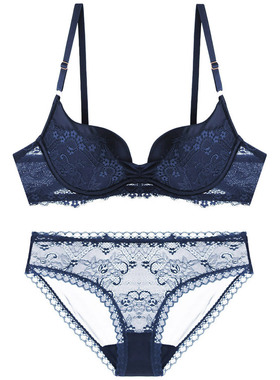 深蓝色厚海绵深V小胸超聚拢集中聚拢丰满有钢圈睫毛蕾丝文胸套装