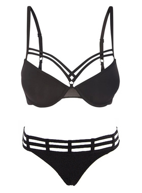 法国潮牌U*z黑色镂空细带捆绑无痕有钢圈侧厚海绵杯文胸T裤套装