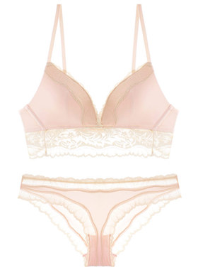 法式Bralette柔软冰丝无钢圈薄棉深V聚拢文胸三角裤套装粉绿黑色