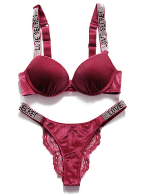 欧美轻奢闪亮水钻字母肩带性感丝绒无钢圈文胸套装本命年酒红黑色