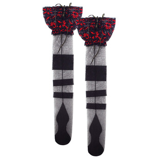 性感15cm超宽蕾丝花边复古抽绳硅胶防滑条超薄长筒后竖线黑色丝袜