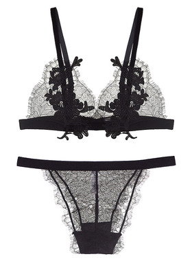 包邮Bralette无钢圈超薄睫毛蕾丝 水溶贴花防突点文胸套装 黑色