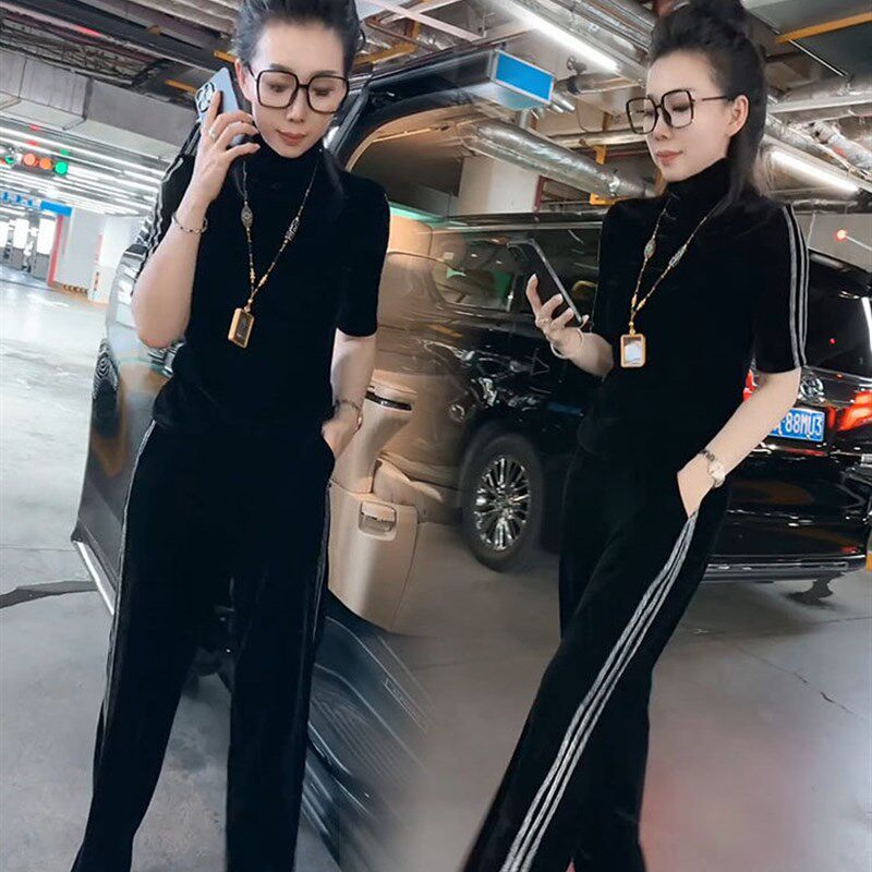 欧货时尚套装女2025秋季新款高C领五分袖丝绒t恤阔腿裤显瘦两件套