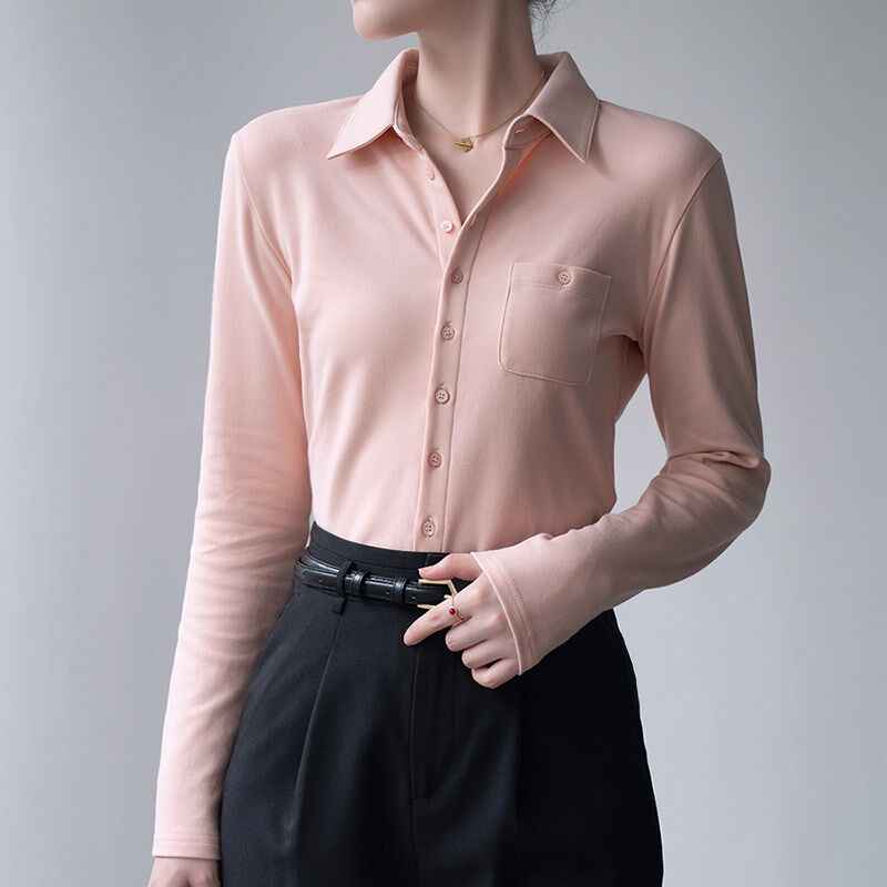 2025秋冬法式尖领加厚澳绒磨毛纯棉衬衫女长袖弹力棉收腰打底衬衣