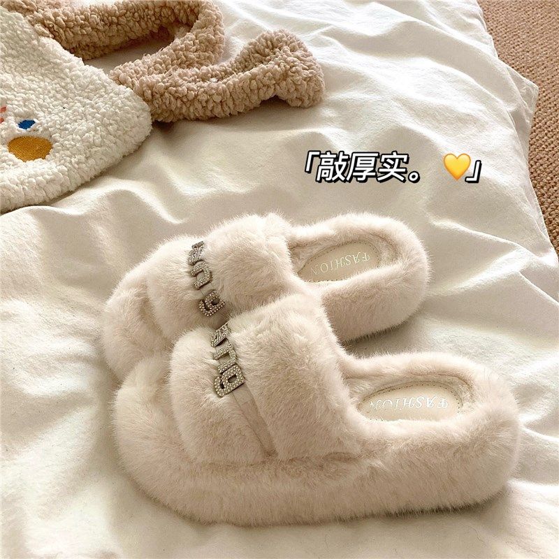 厚实遛弯穿~!6cm厚底增高外穿棉拖鞋女冬季保暖一字防滑毛毛拖鞋