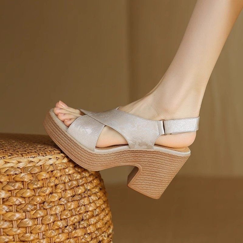 民族风露趾厚底防水台凉鞋女软皮2025新款夏季高跟粗跟时尚罗马鞋,女鞋,罗马凉鞋,淘宝优惠券,粉丝福利购,淘宝优惠卷