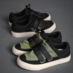 小众鞋子男百搭潮鞋黑色布鞋男款韩版魔术贴懒人鞋一脚蹬帆布鞋男