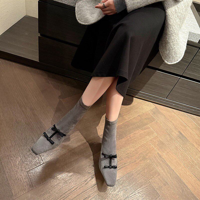 手工韩版短靴女春秋单靴t粗跟高跟气时尚百搭蝴蝶结方头弹力靴秋