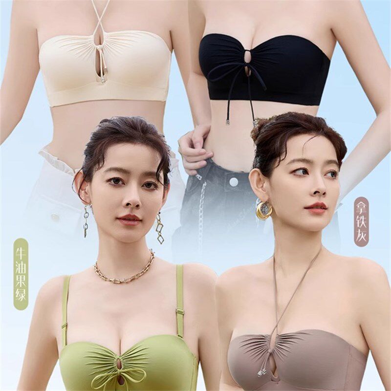 拉绳挂脖内衣女小胸聚拢显大无钢圈收副乳无肩带防下滑半杯文胸罩