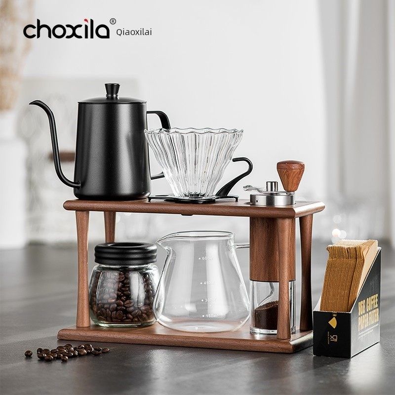 choxila手冲咖啡壶套装玻璃分享壶手摇磨豆机收纳支架子咖啡器具